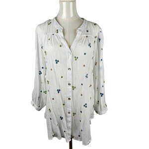Figueroa & Flower XL Button-Up Blouse White Boho Embroidered Floral Blue Green